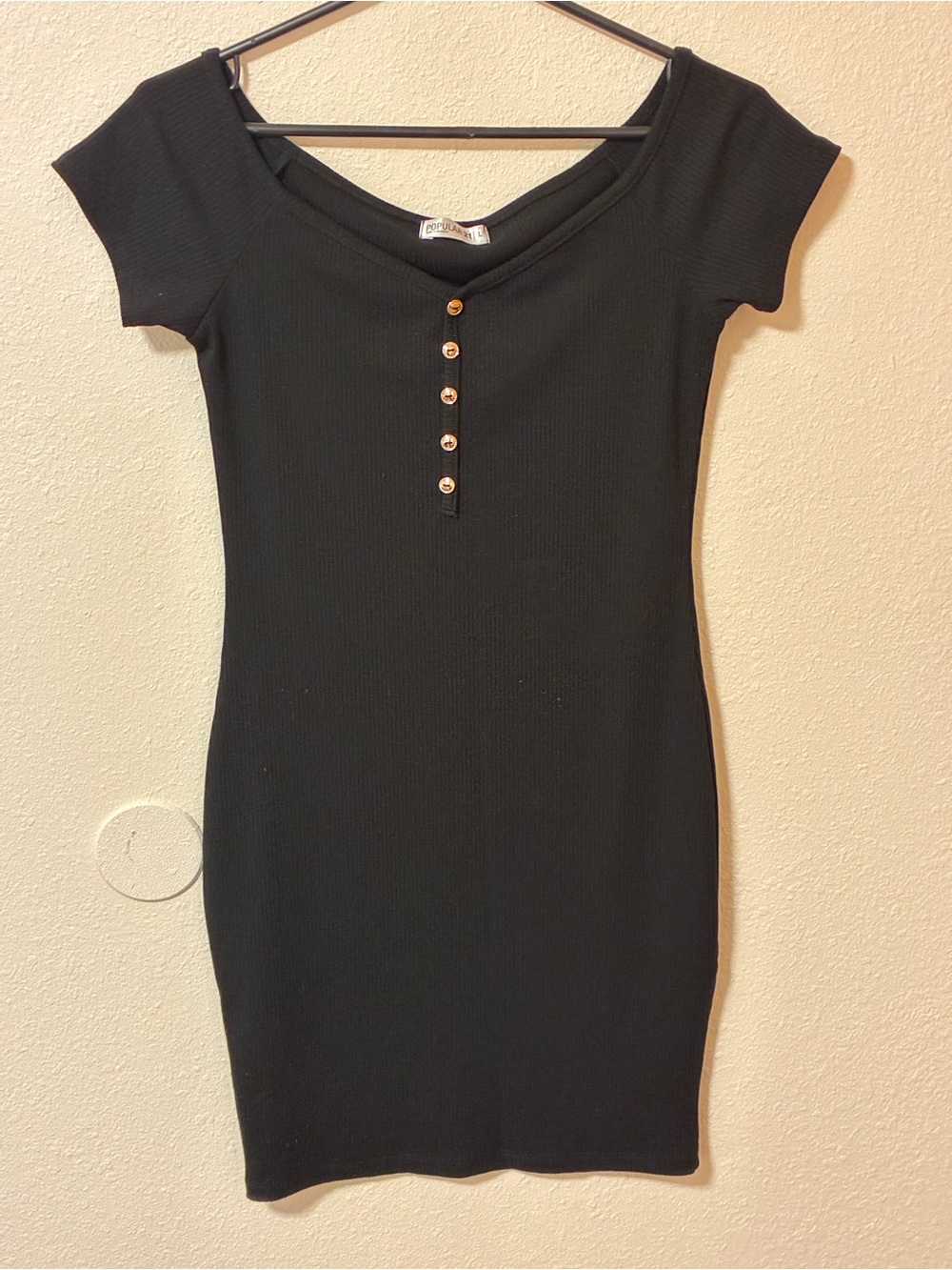Buttoned Heley Neck Short Sleeve Ribbed Bodycon Mini Dress - Size: L
